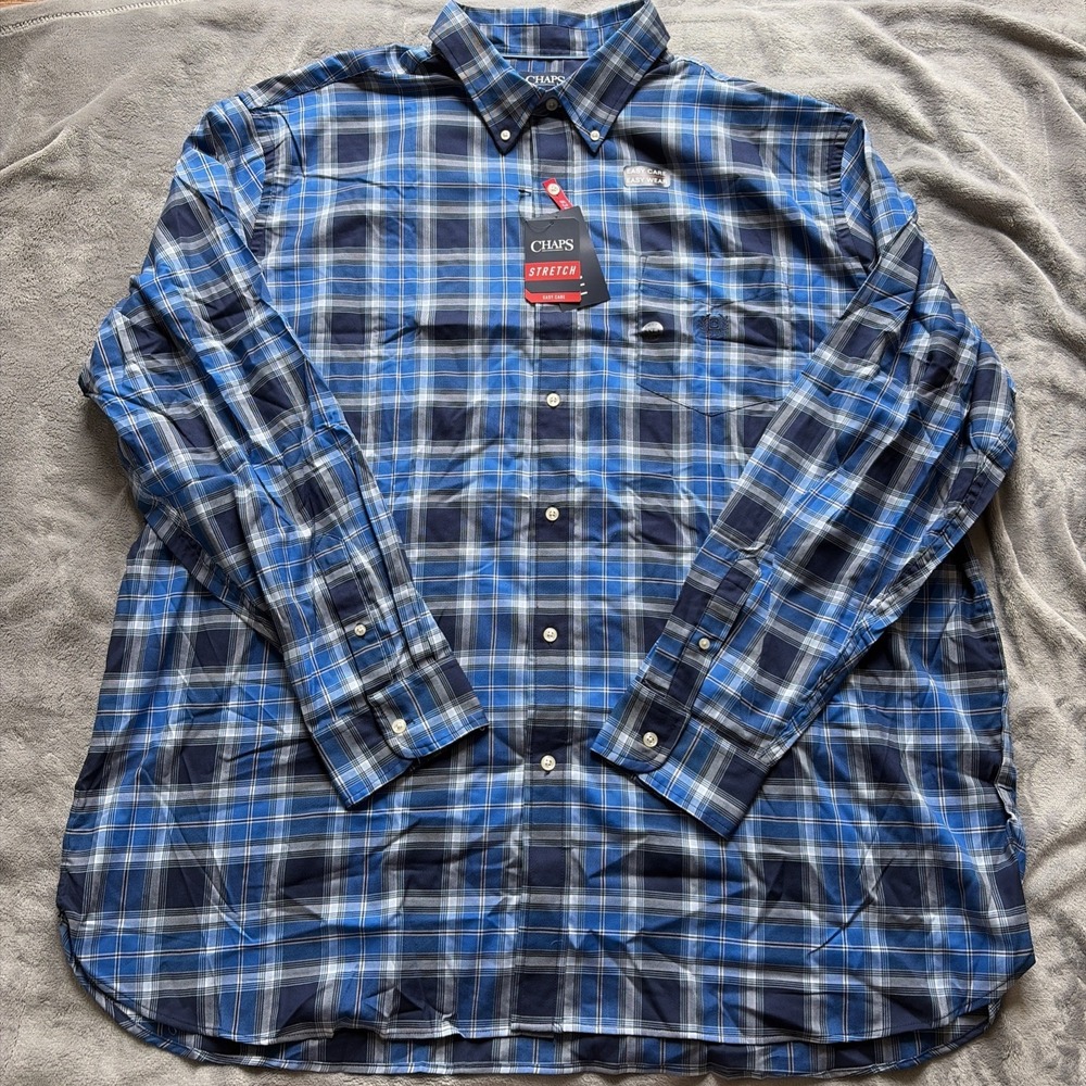 NWT Chaps Easy Care Men's Big & Tall Blue Plaid LS Stretch Shirt 3XLT
